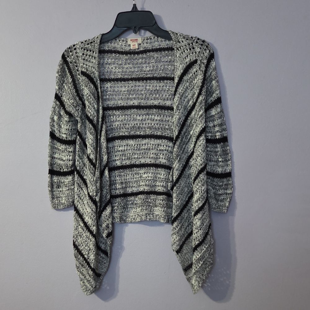 Mossimo Supply Co. Black & Gray Striped Open-Front Cardigan 3/4 Sleeve Womens M